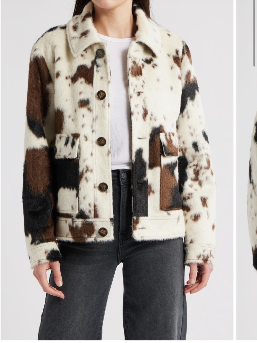 Bernardo Dakota Faux Fur Cow Print Jacket in Cream and Brown